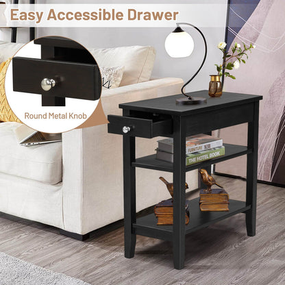 Side End Table with Drawer and 2-Tier Open Storage Shelves for Space Saving, Black Nightstands   at Gallery Canada