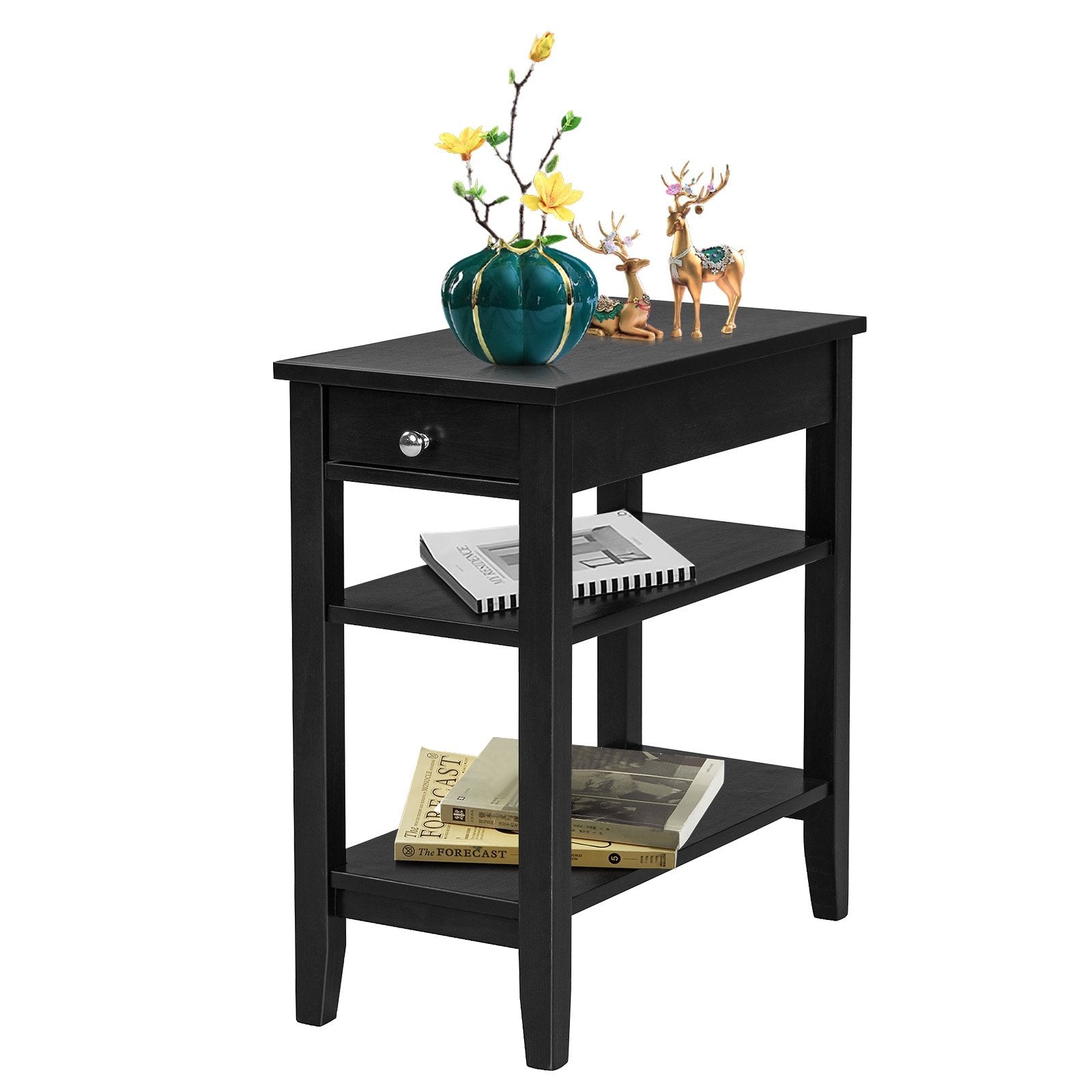 Side End Table with Drawer and 2-Tier Open Storage Shelves for Space Saving, Black Nightstands   at Gallery Canada