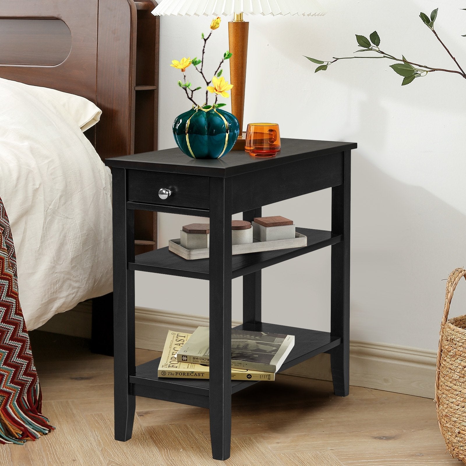 Side End Table with Drawer and 2-Tier Open Storage Shelves for Space Saving, Black Nightstands   at Gallery Canada