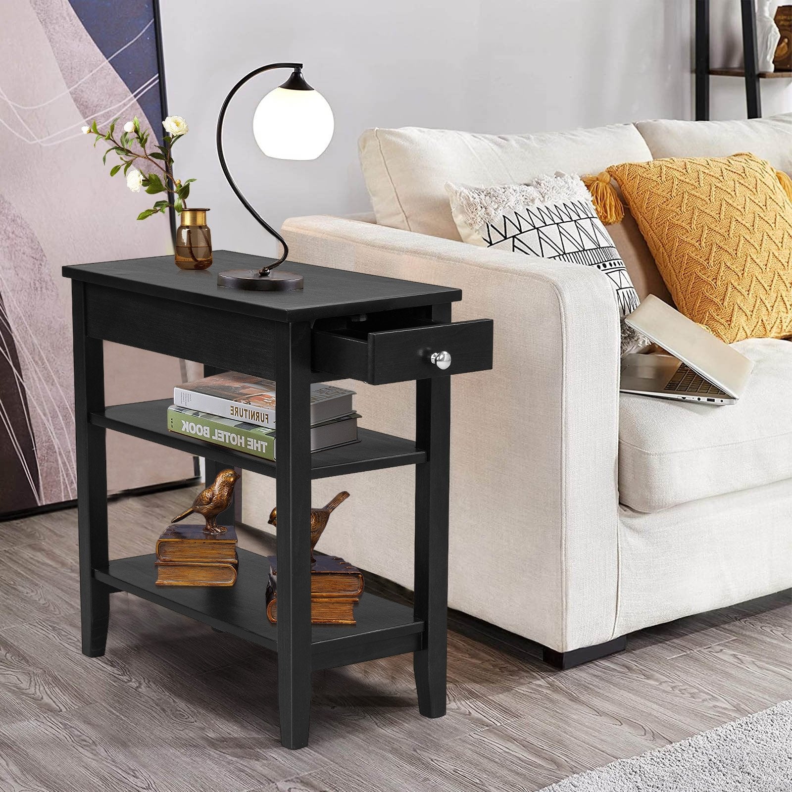 Side End Table with Drawer and 2-Tier Open Storage Shelves for Space Saving, Black Nightstands   at Gallery Canada