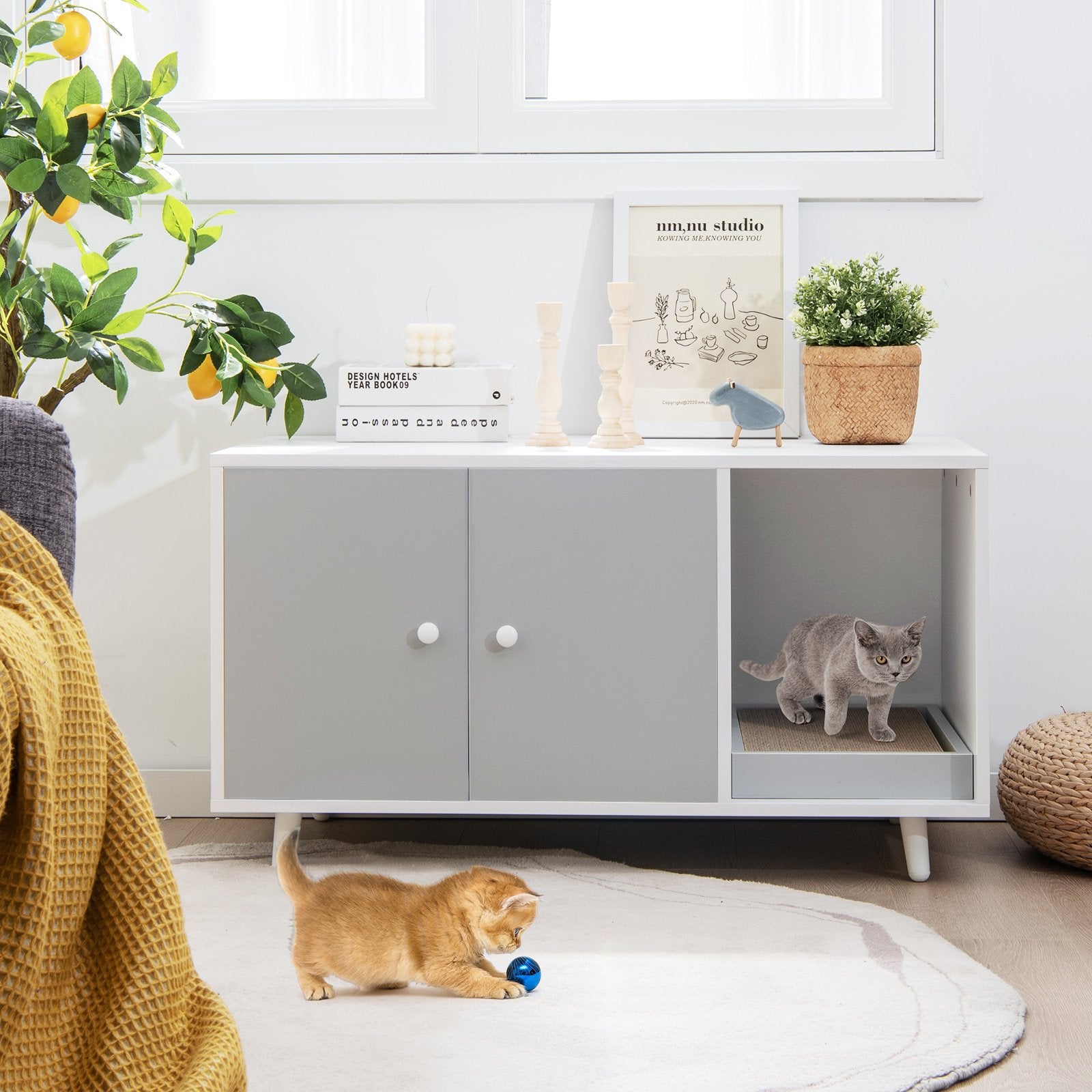 Cat Litter Box Enclosure with Divider and Double Doors, Gray Cat Houses   at Gallery Canada