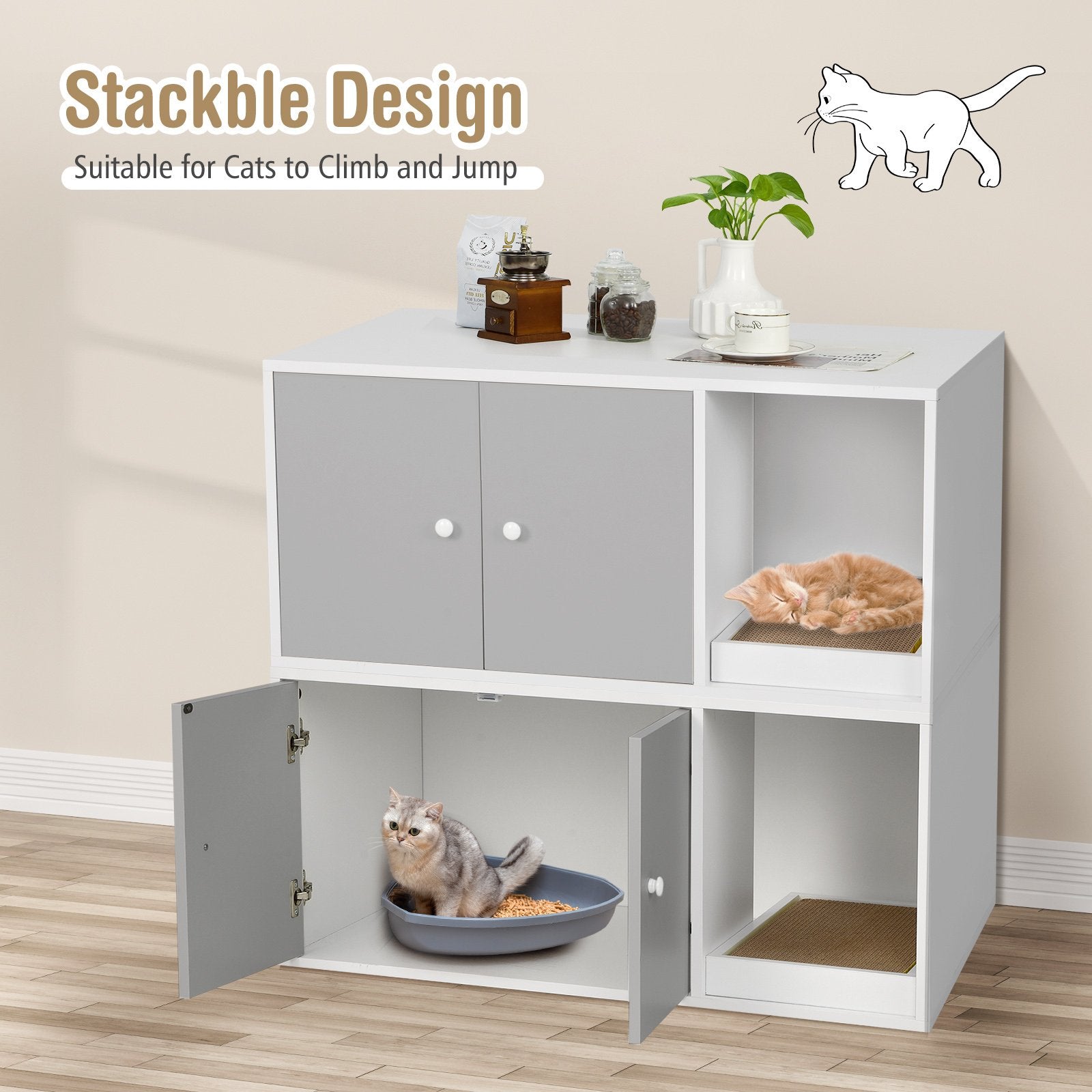 Cat Litter Box Enclosure with Divider and Double Doors, Gray Cat Houses   at Gallery Canada