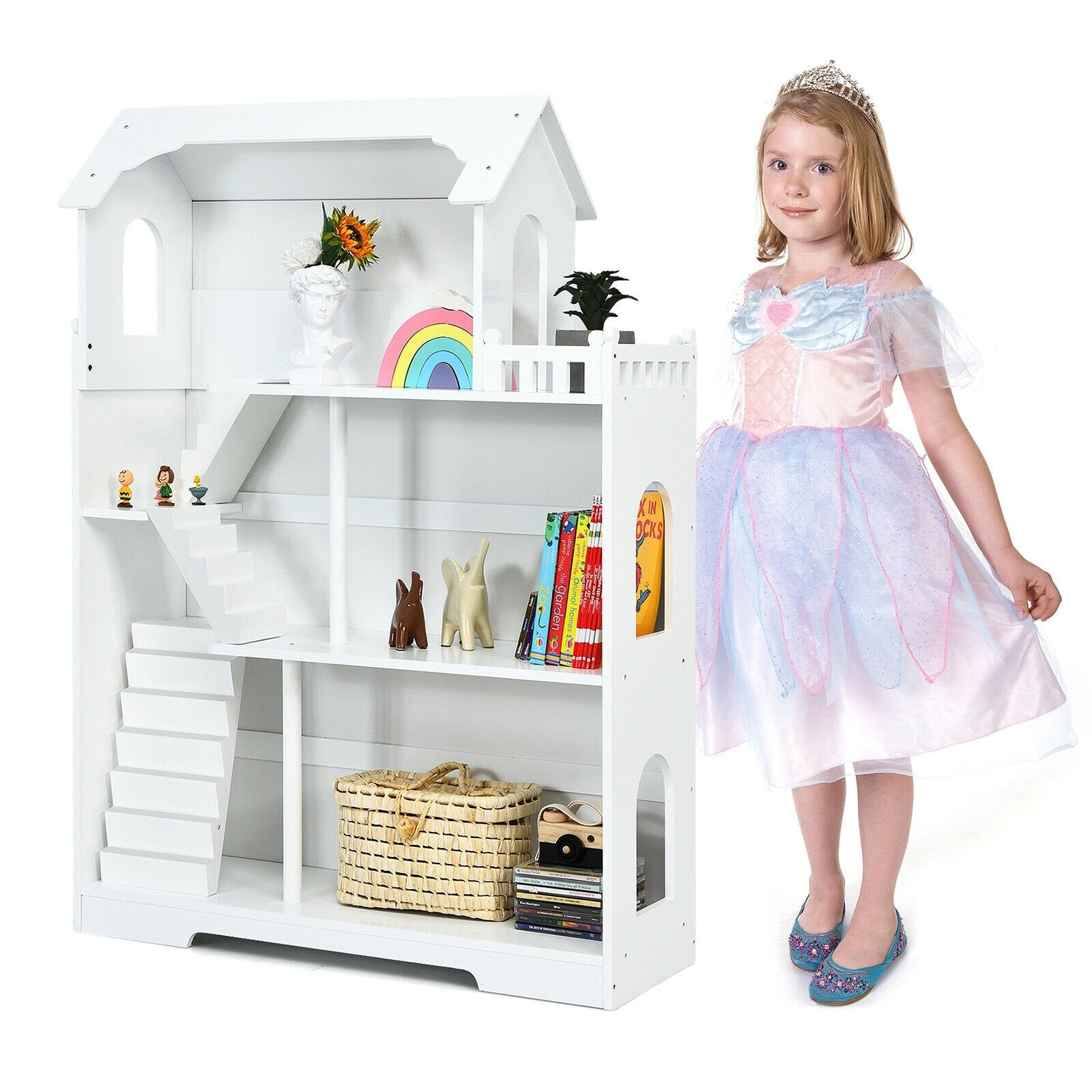 Kids Wooden Dollhouse Bookshelf with Anti-Tip Design and Storage Space, White - Gallery Canada