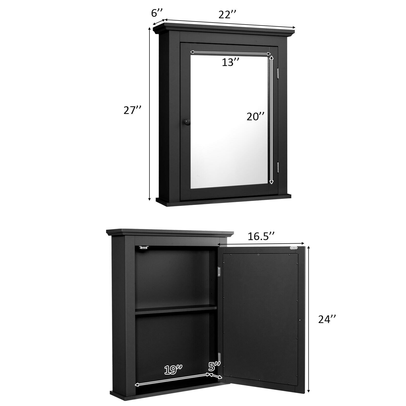 Wall Mounted Bathroom Mirror Cabinet with 5-level Height-adjustable Shelf, Black Wall Cabinets   at Gallery Canada