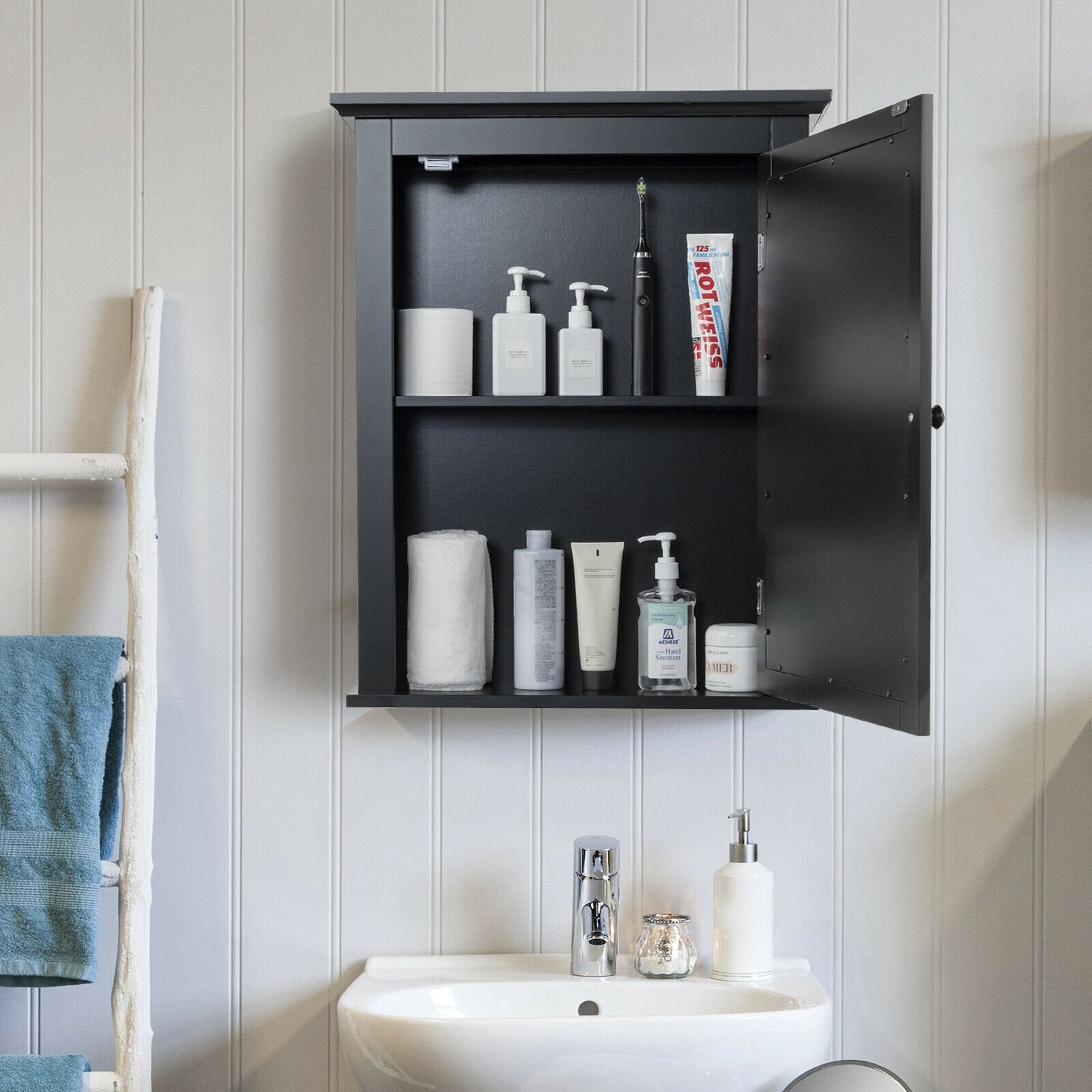 Wall Mounted Bathroom Mirror Cabinet with 5-level Height-adjustable Shelf, Black Wall Cabinets   at Gallery Canada