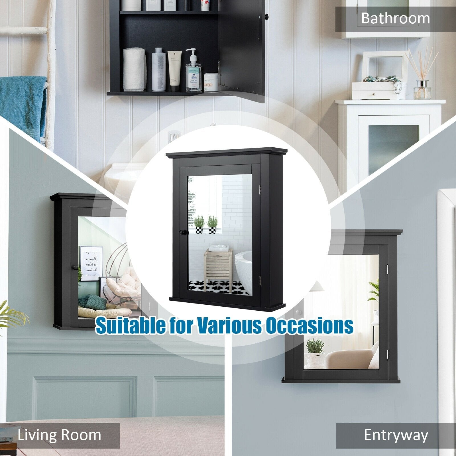 Wall Mounted Bathroom Mirror Cabinet with 5-level Height-adjustable Shelf, Black Wall Cabinets   at Gallery Canada