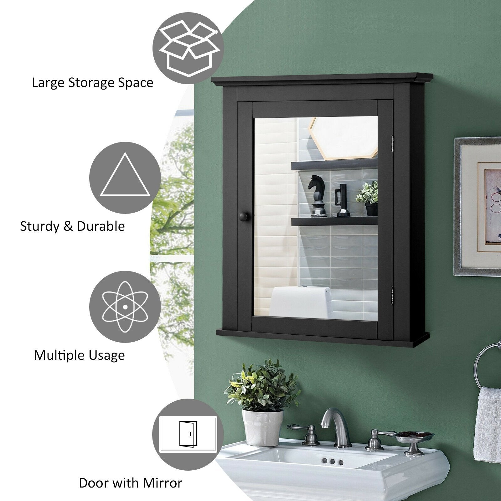 Wall Mounted Bathroom Mirror Cabinet with 5-level Height-adjustable Shelf, Black Wall Cabinets   at Gallery Canada