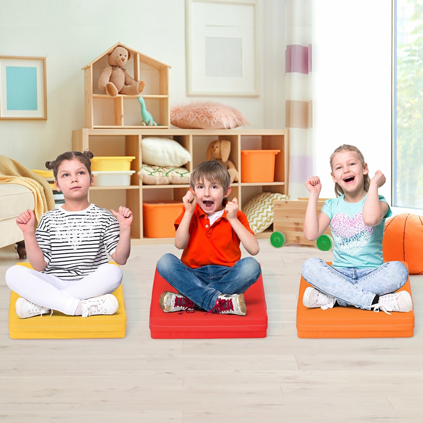 6 Piece 15 Inche Square Toddler Floor Cushions Flexible Soft Foam Seating with Handles, Multicolor - Gallery Canada