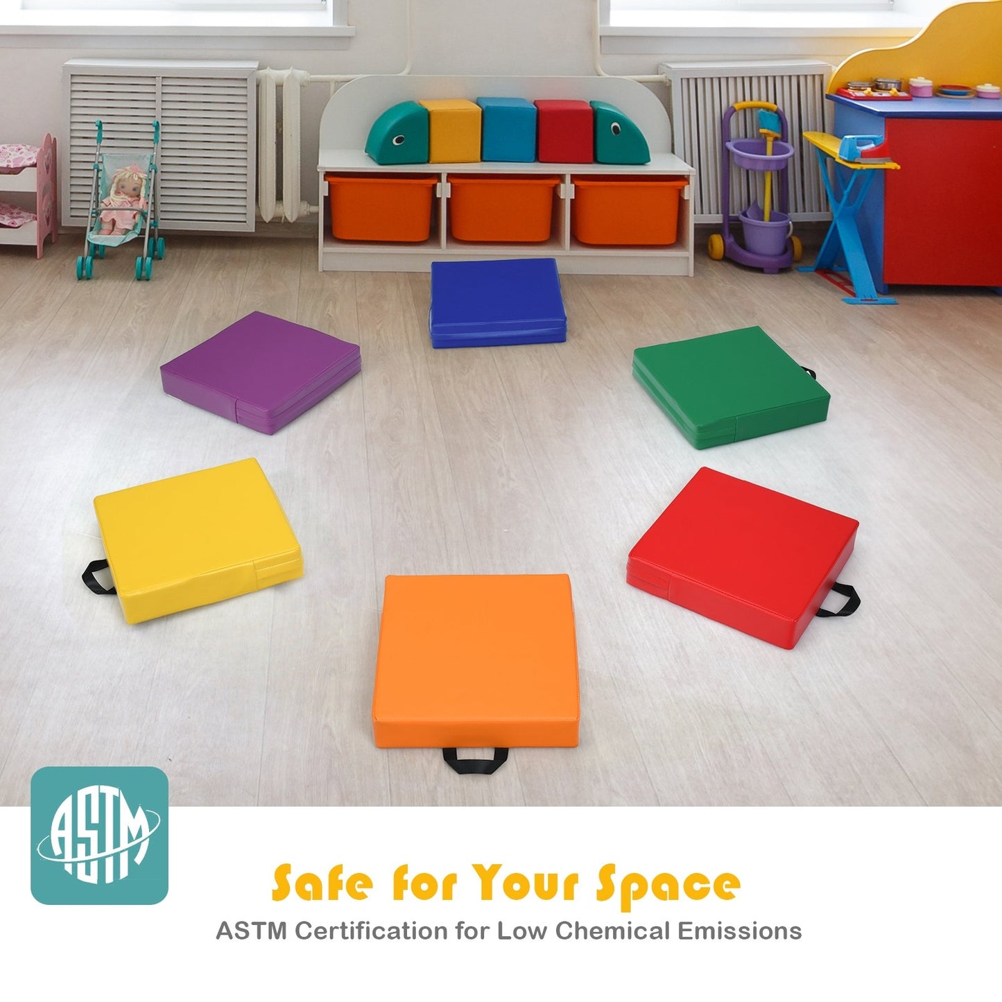 6 Piece 15 Inche Square Toddler Floor Cushions Flexible Soft Foam Seating with Handles, Multicolor - Gallery Canada