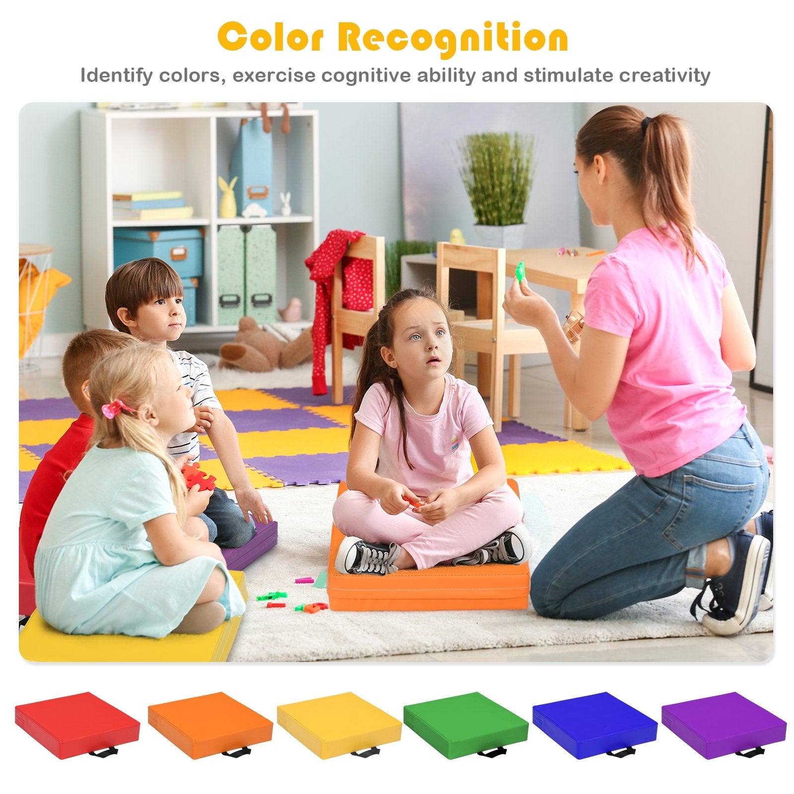 6 Piece 15 Inche Square Toddler Floor Cushions Flexible Soft Foam Seating with Handles, Multicolor Kids Chairs & Seating   at Gallery Canada