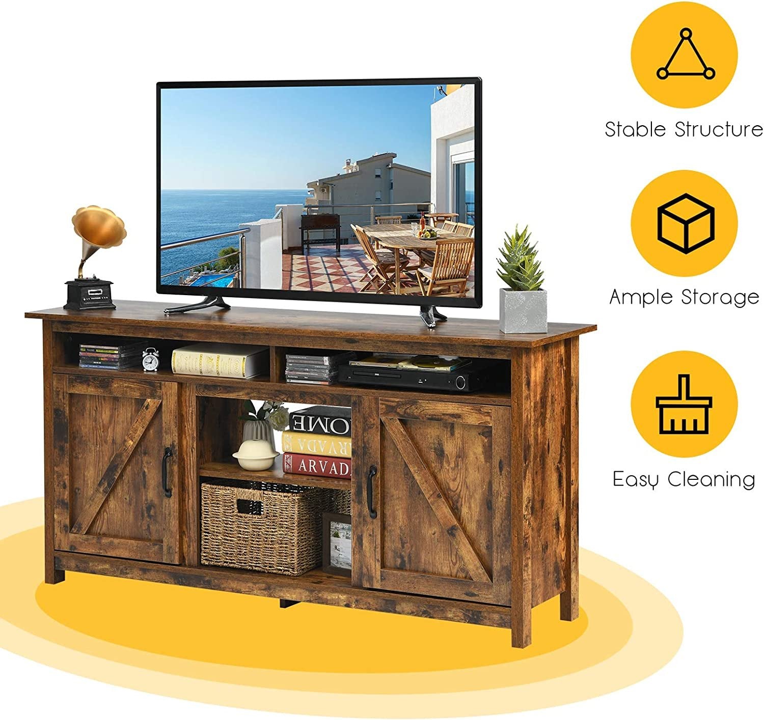 60”Industrial TV Stand Entertainment Center with Shelve and Cabinet, Brown Entertainment Centers & TV Stands   at Gallery Canada