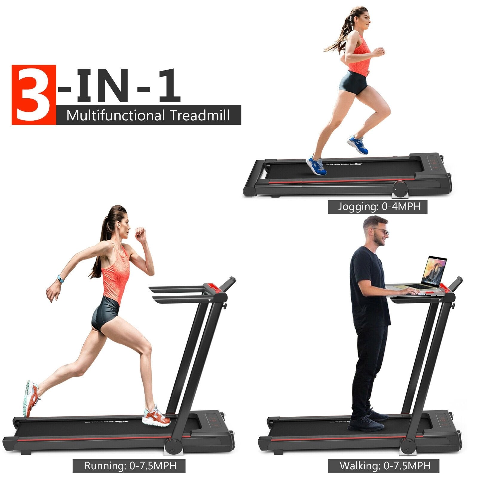 3-in-1 Folding Treadmill with Large Desk and LCD Display, Black Treadmills   at Gallery Canada