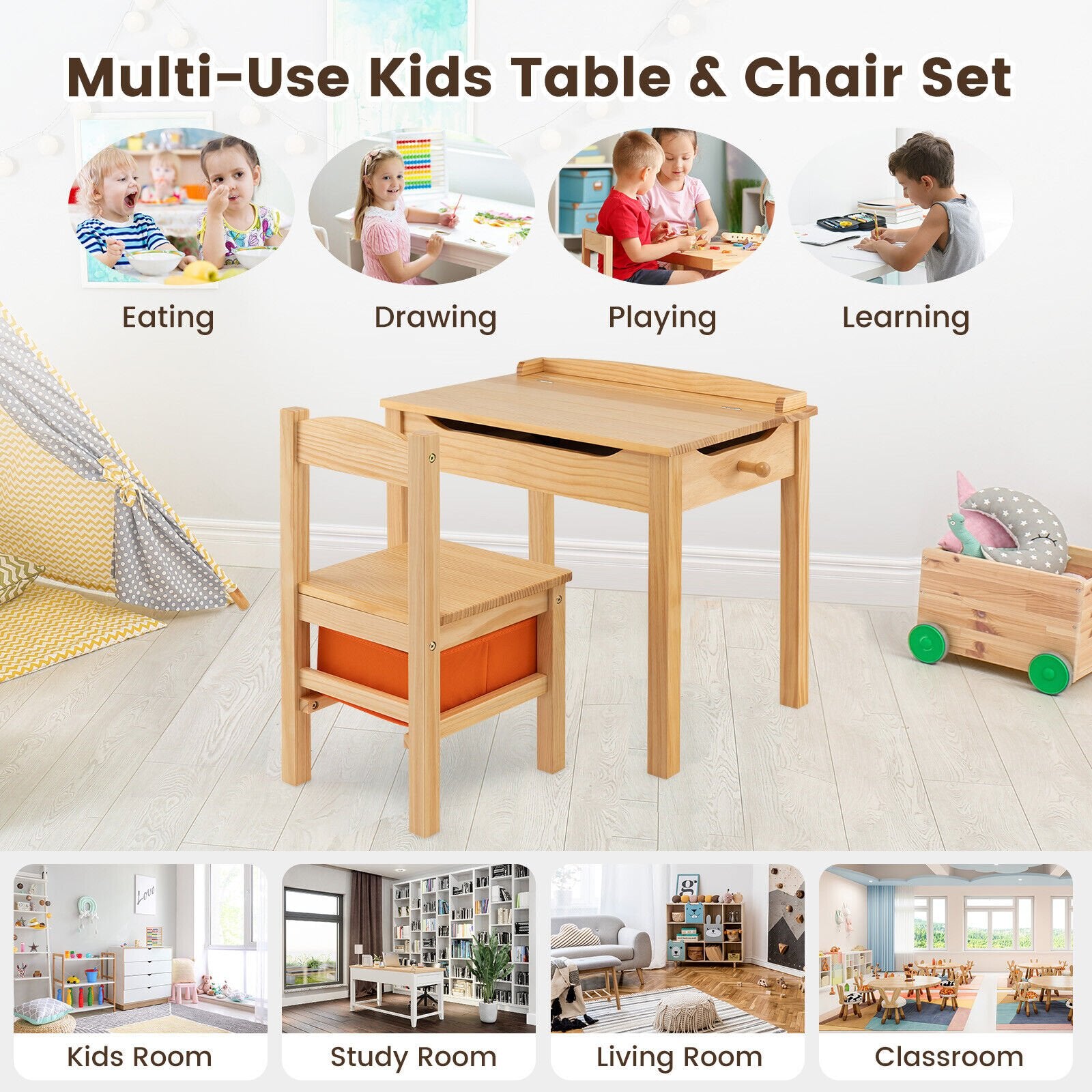 Wood Activity Kids Table and Chair Set with Storage Space, Natural Kids Table & Chair Sets   at Gallery Canada