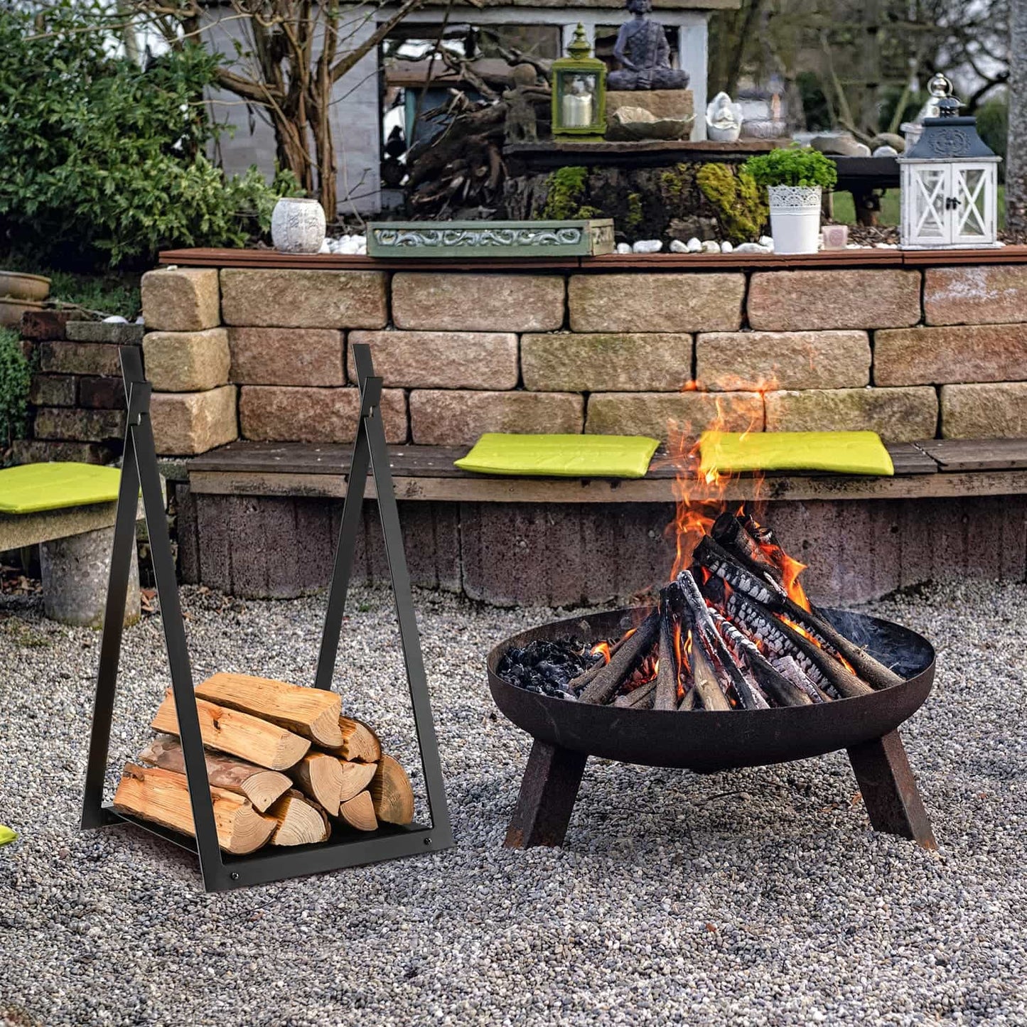 Triangle Firewood Rack with Raised Base for Fireplace Fire Pit, Black Log Storage   at Gallery Canada