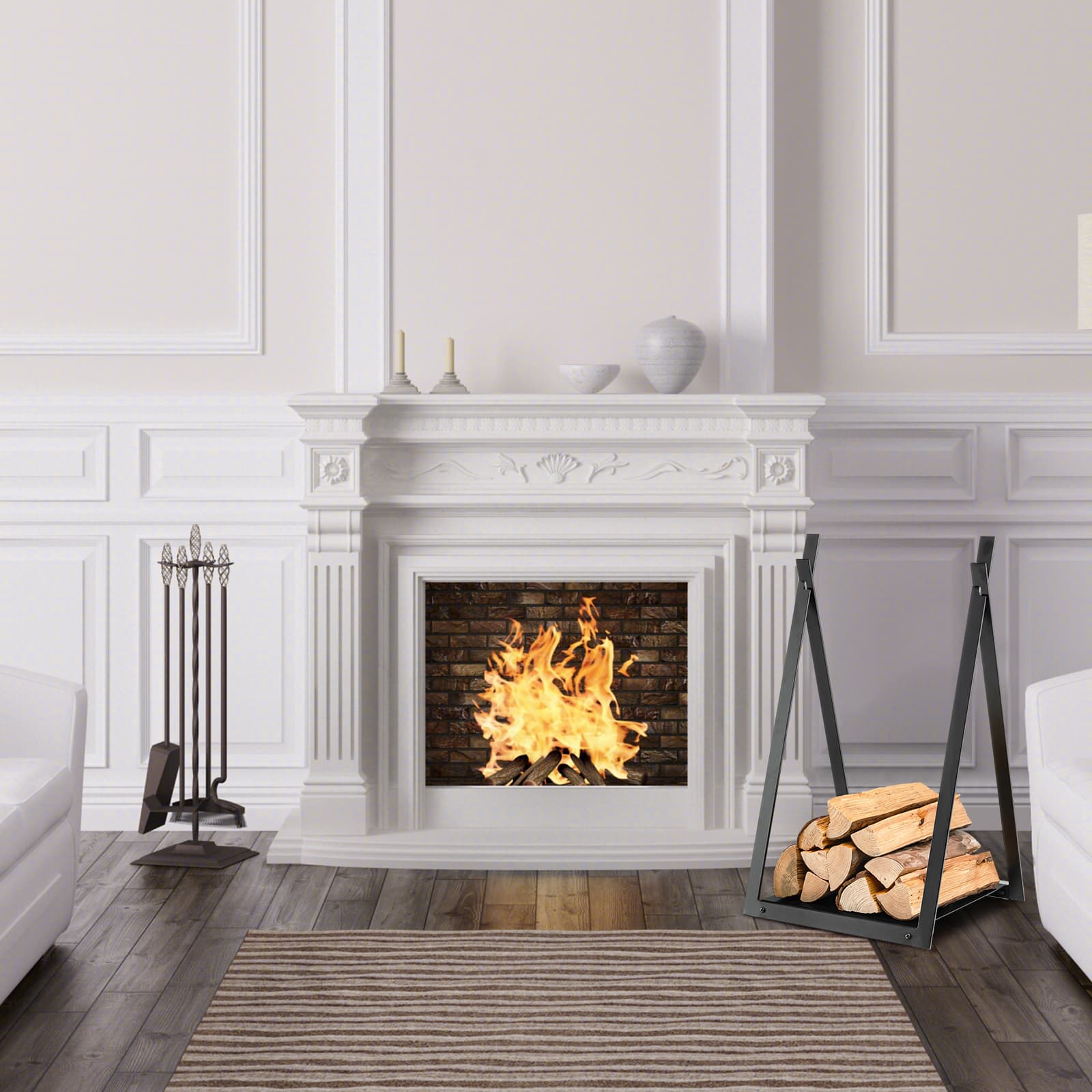 Triangle Firewood Rack with Raised Base for Fireplace Fire Pit, Black Log Storage at Gallery Canada