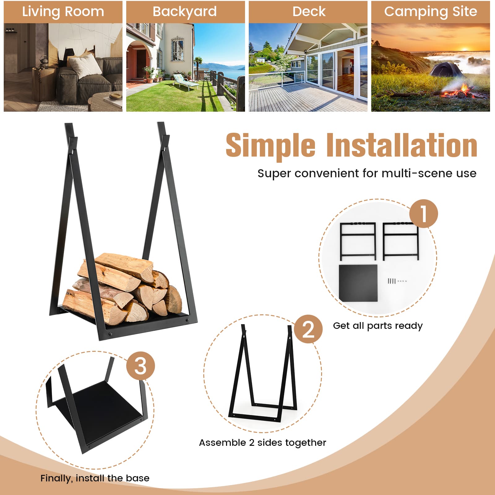 Triangle Firewood Rack with Raised Base for Fireplace Fire Pit, Black Log Storage at Gallery Canada
