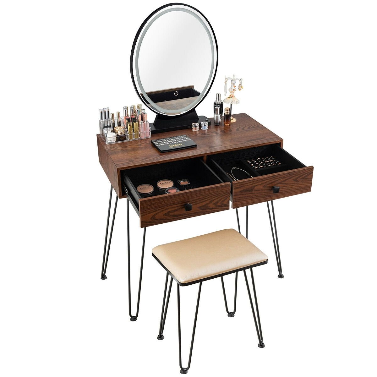 Industrial Makeup Dressing Table with 3 Lighting Modes, Walnut Makeup Vanities   at Gallery Canada