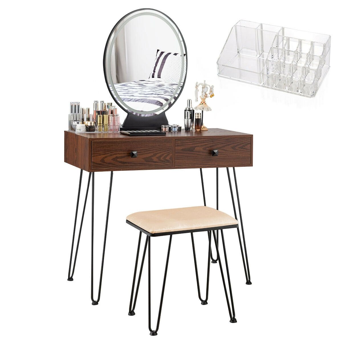 Industrial Makeup Dressing Table with 3 Lighting Modes, Walnut Makeup Vanities   at Gallery Canada