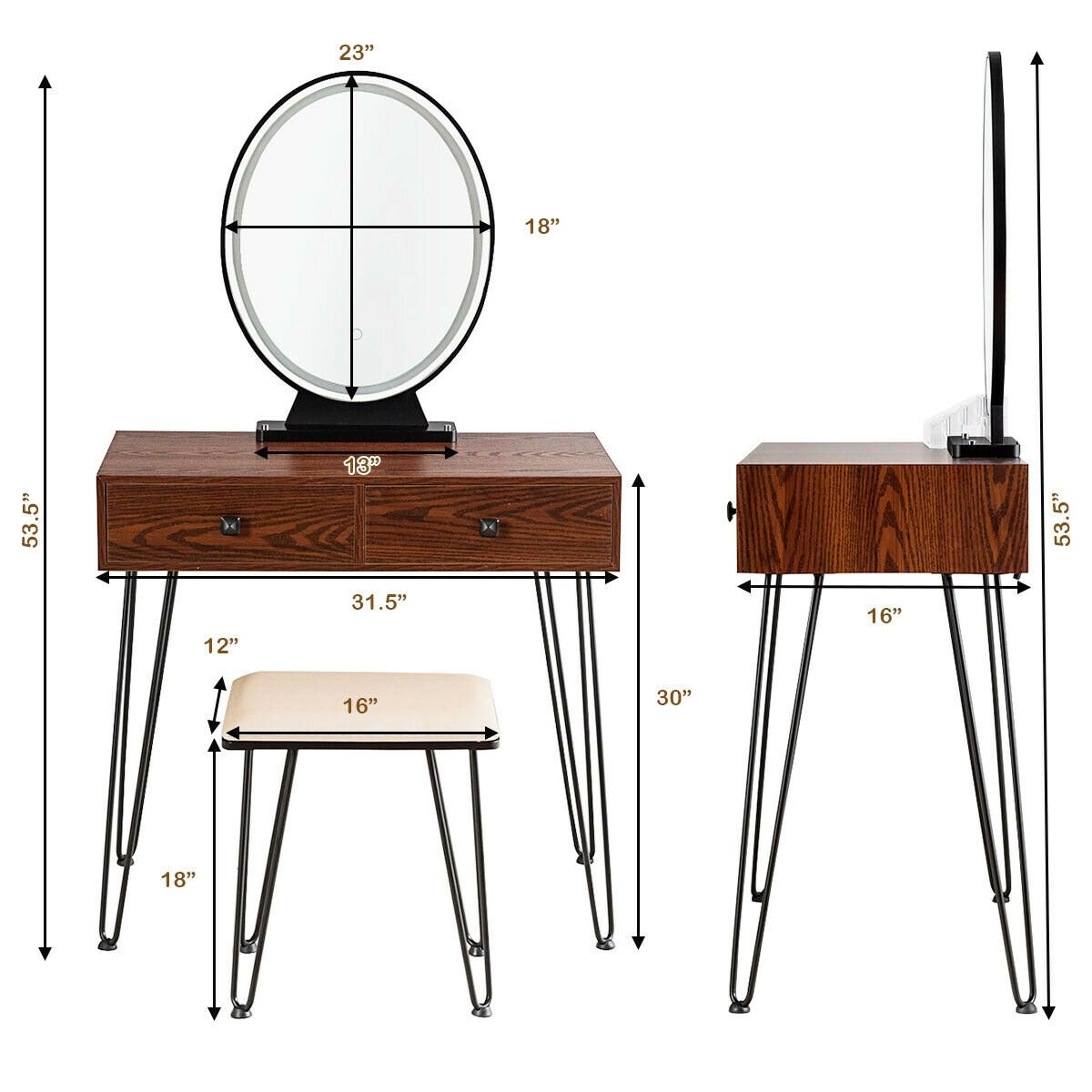 Industrial Makeup Dressing Table with 3 Lighting Modes, Walnut Makeup Vanities   at Gallery Canada