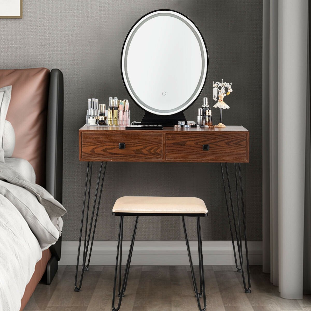 Industrial Makeup Dressing Table with 3 Lighting Modes, Walnut Makeup Vanities   at Gallery Canada