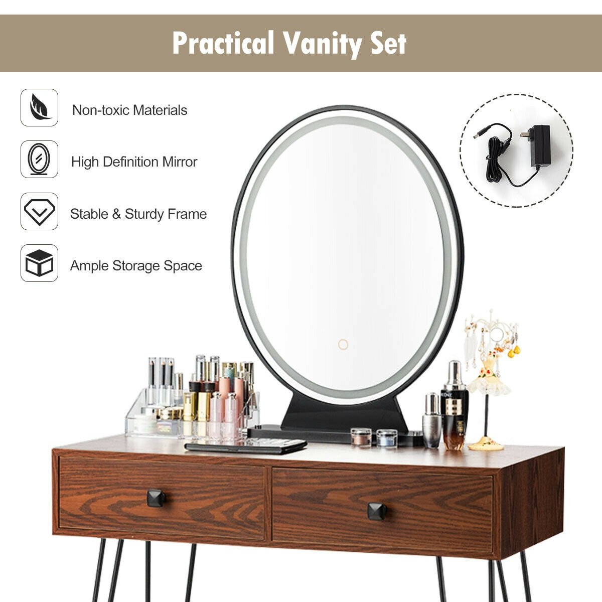 Industrial Makeup Dressing Table with 3 Lighting Modes, Walnut Makeup Vanities   at Gallery Canada