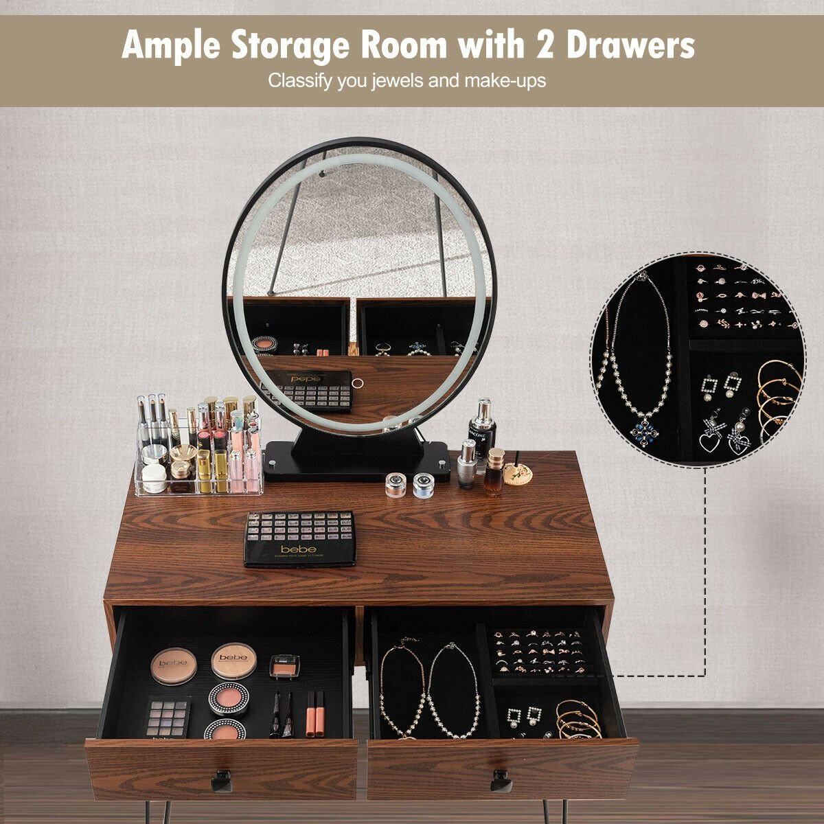 Industrial Makeup Dressing Table with 3 Lighting Modes, Walnut Makeup Vanities   at Gallery Canada