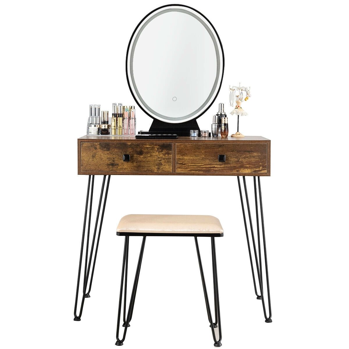 Industrial Makeup Dressing Table with 3 Lighting Modes, Rustic Brown Makeup Vanities   at Gallery Canada