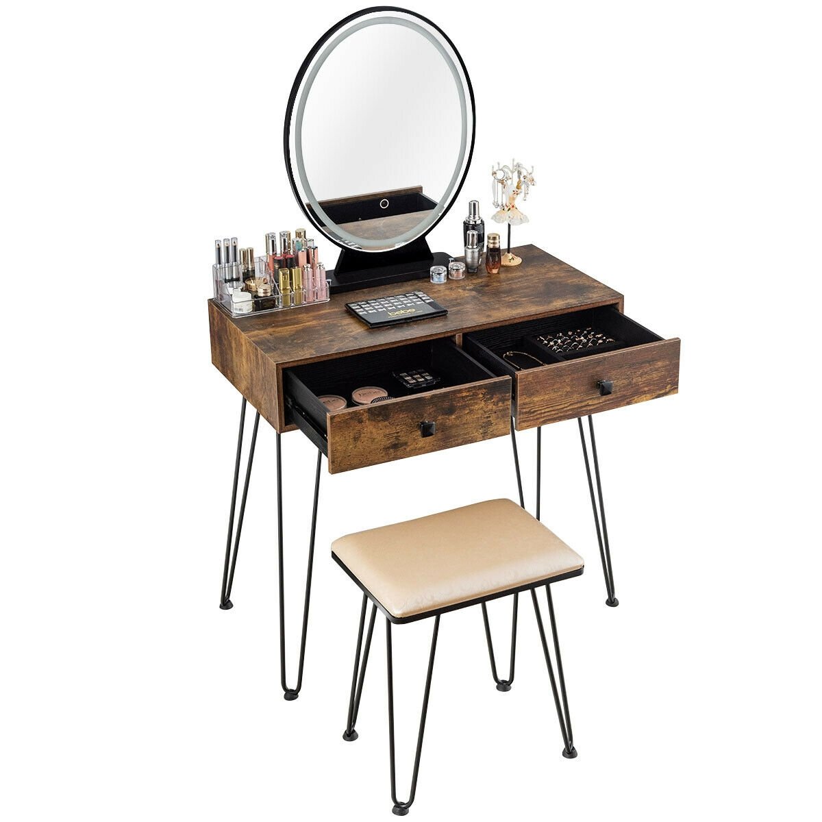 Industrial Makeup Dressing Table with 3 Lighting Modes, Rustic Brown Makeup Vanities   at Gallery Canada