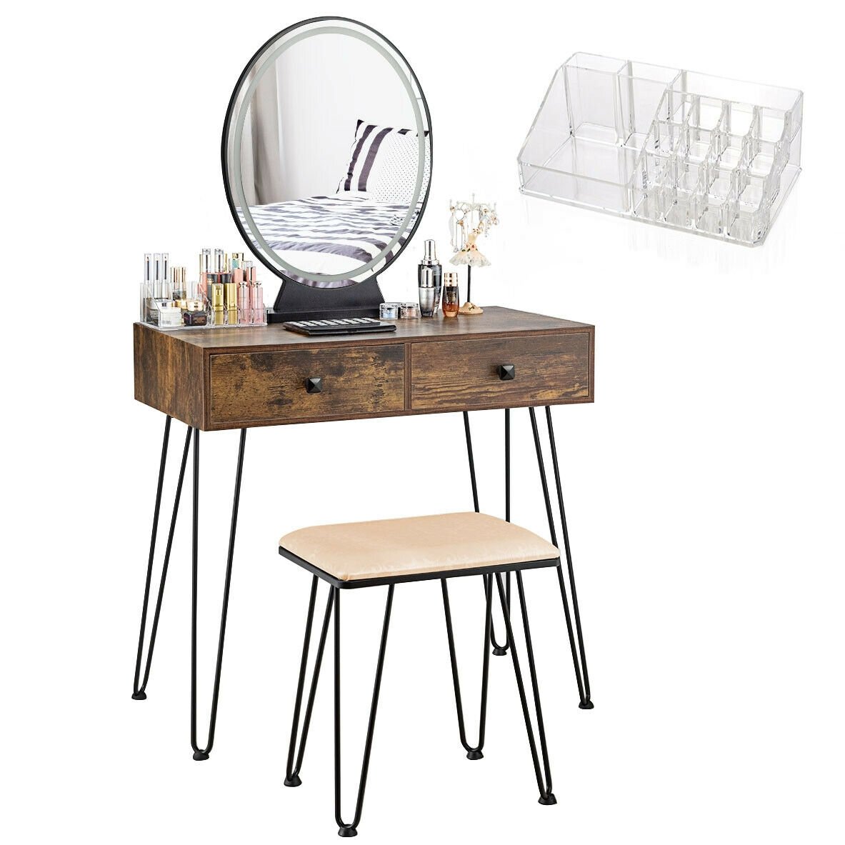 Industrial Makeup Dressing Table with 3 Lighting Modes, Rustic Brown Makeup Vanities   at Gallery Canada