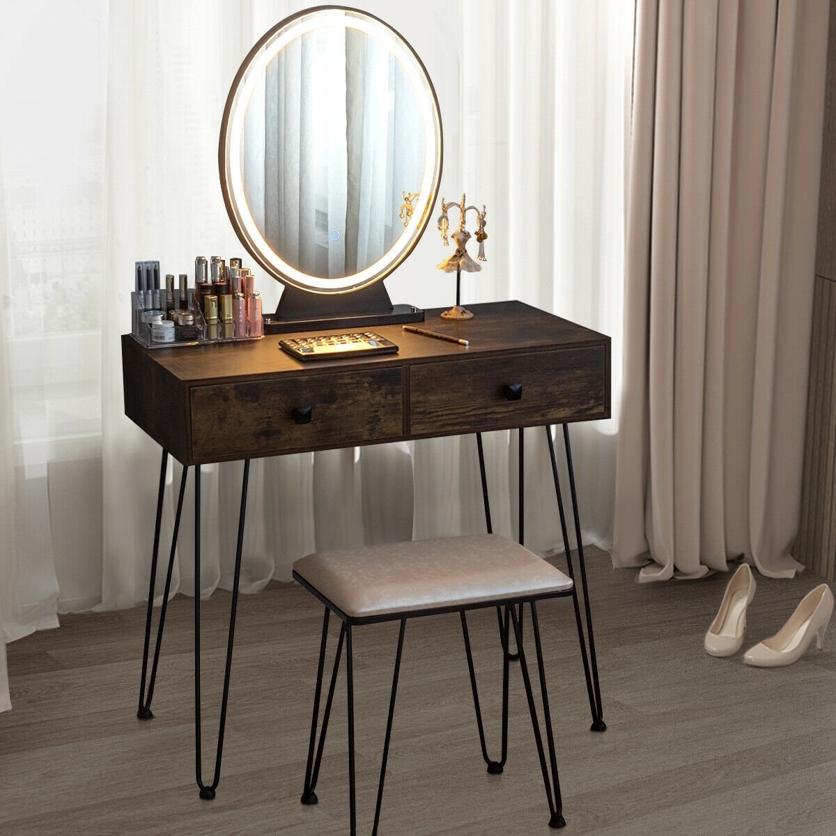 Industrial Makeup Dressing Table with 3 Lighting Modes, Rustic Brown Makeup Vanities   at Gallery Canada