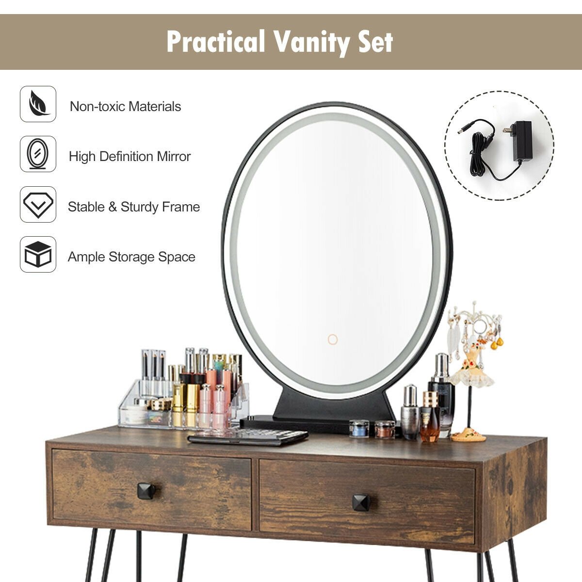 Industrial Makeup Dressing Table with 3 Lighting Modes, Rustic Brown Makeup Vanities   at Gallery Canada