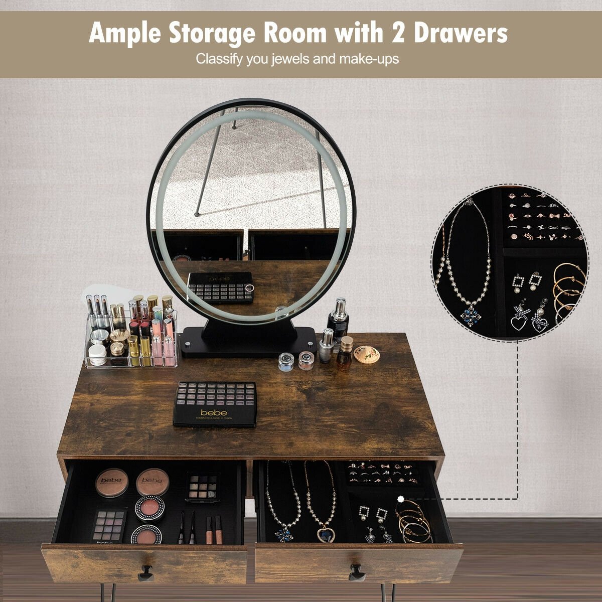 Industrial Makeup Dressing Table with 3 Lighting Modes, Rustic Brown - Gallery Canada