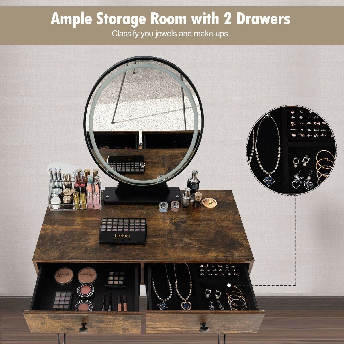 Industrial Makeup Dressing Table with 3 Lighting Modes, Rustic Brown Makeup Vanities   at Gallery Canada