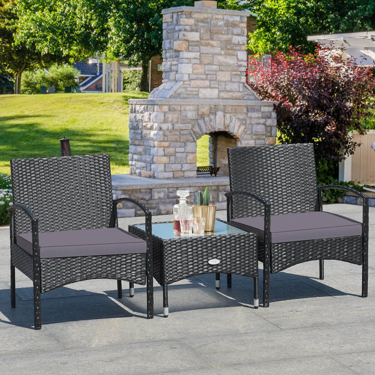 3 Pieces Patio Wicker Rattan Furniture Set with Cushion for Lawn Backyard, Gray Patio Conversation Sets at Gallery Canada