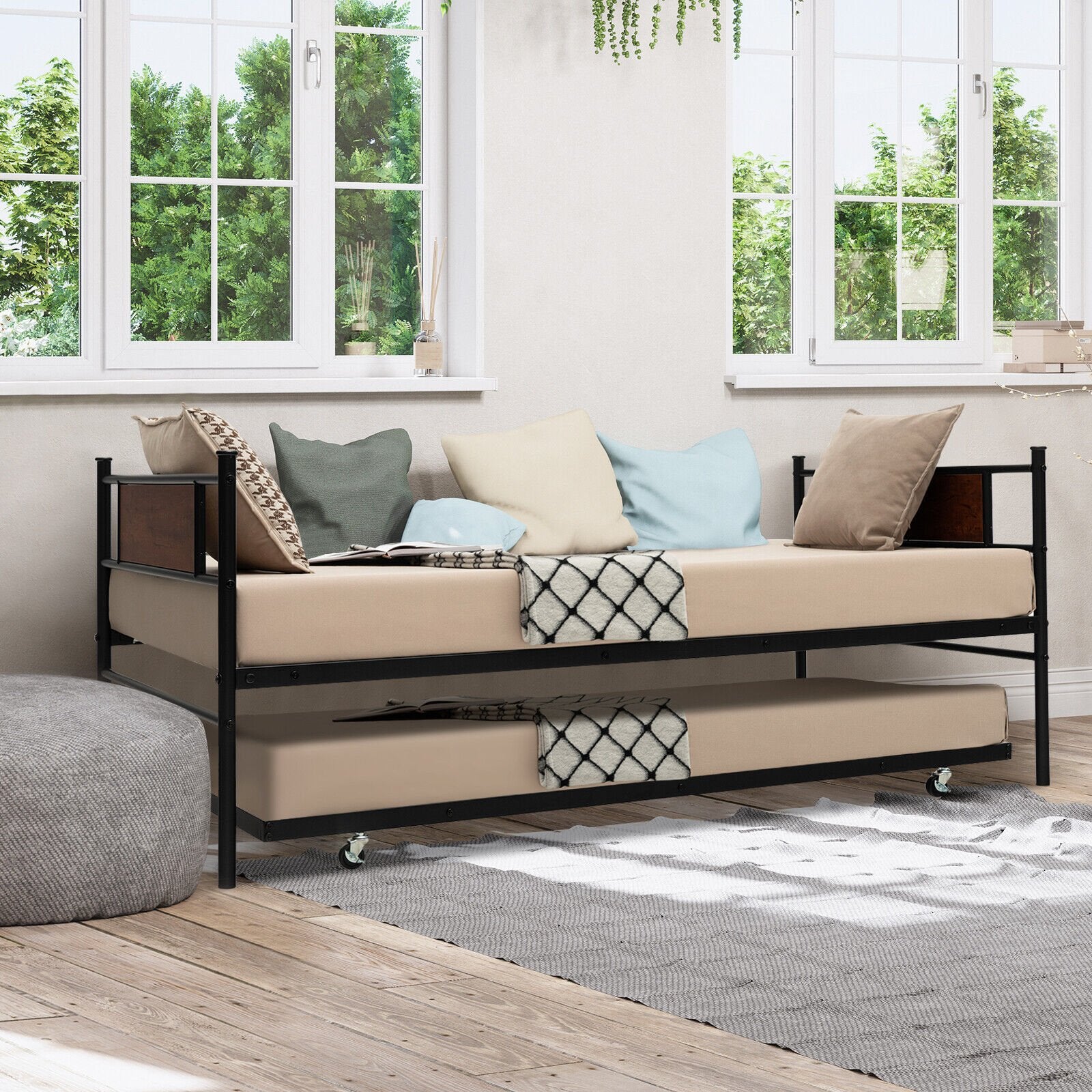 Twin Size 2-In-1 Daybed Frame with Pullout Trundle, Black Trundle Bed Frame   at Gallery Canada