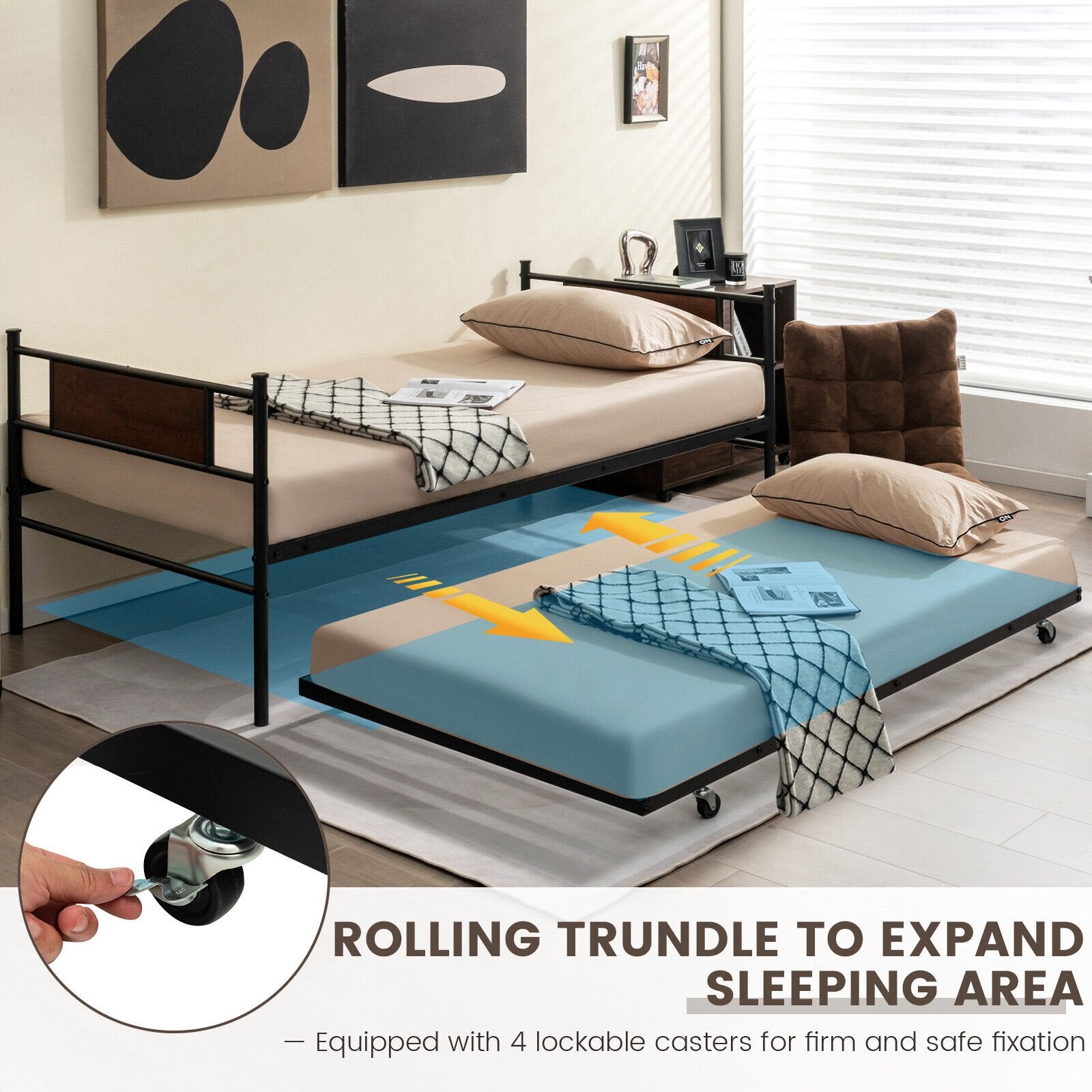 Twin Size 2-In-1 Daybed Frame with Pullout Trundle, Black Trundle Bed Frame   at Gallery Canada