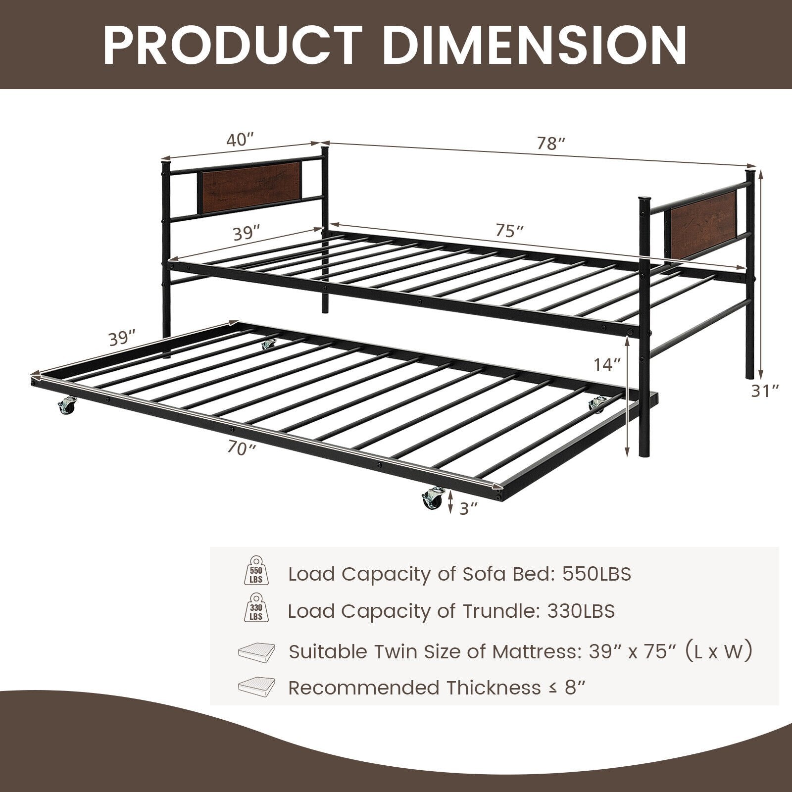 Twin Size 2-In-1 Daybed Frame with Pullout Trundle, Black Trundle Bed Frame   at Gallery Canada