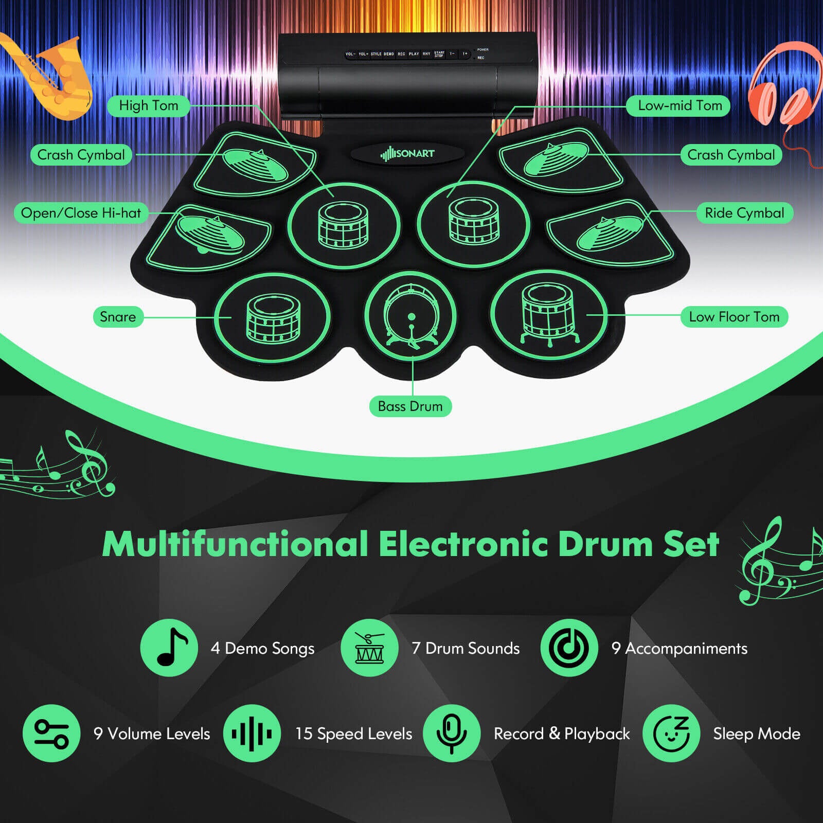 Electronic Drum Set with 2 Build-in Stereo Speakers for Kids, Green Drums & Percussion   at Gallery Canada