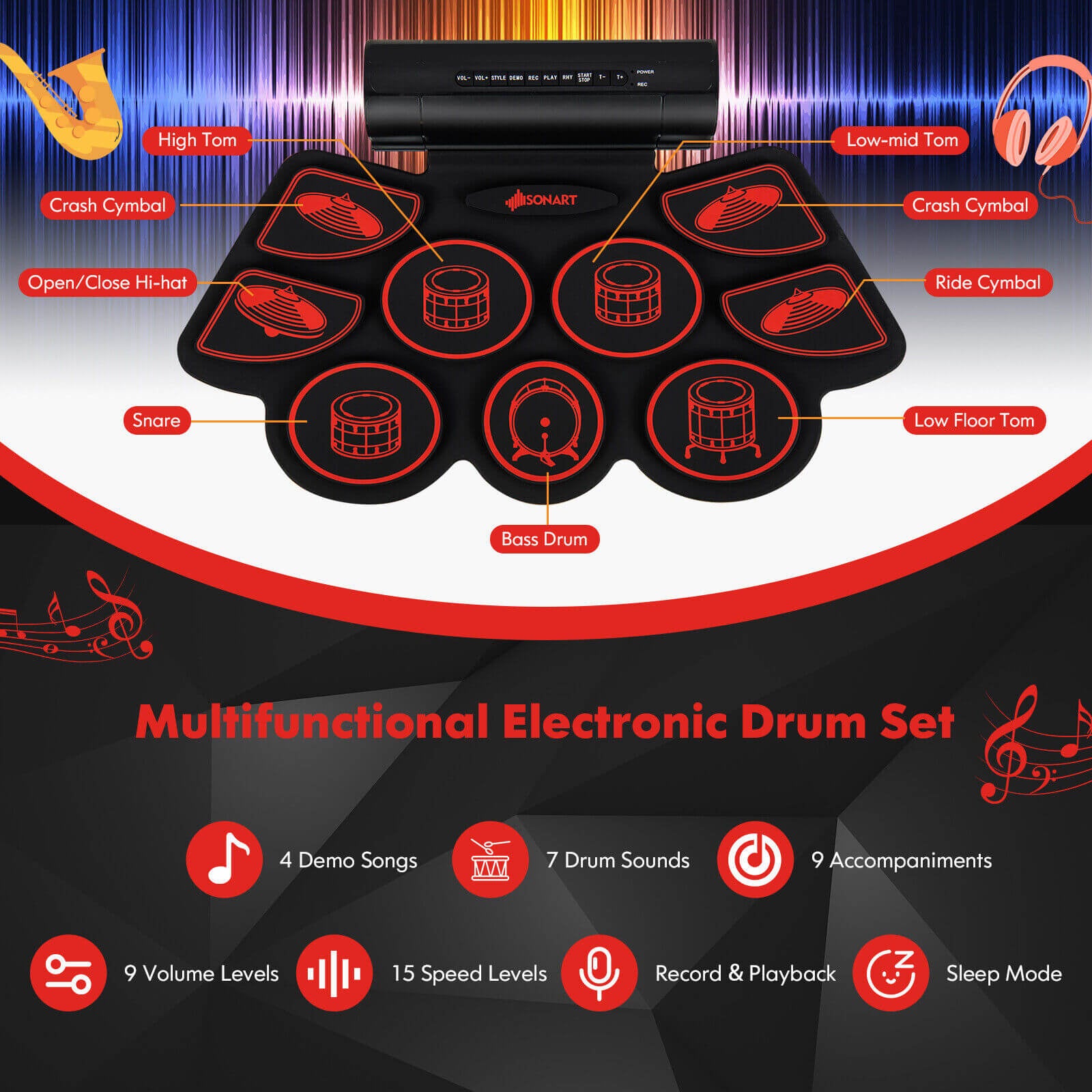 Electronic Drum Set with 2 Build-in Stereo Speakers for Kids, Red Drums & Percussion   at Gallery Canada