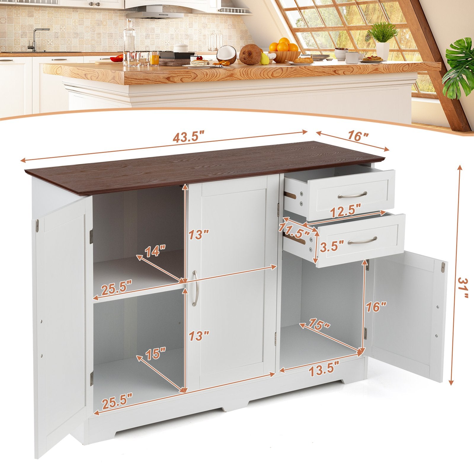 Buffet Storage Cabinet  Kitchen Sideboard with 2 Drawers, White Sideboards Cabinets & Buffets   at Gallery Canada