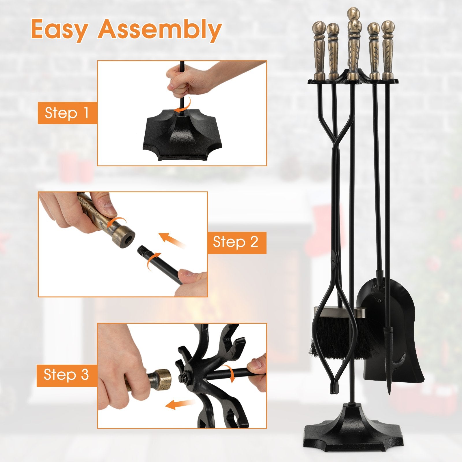 31 inch 5 Pieces Metal Fireplace Tool Set with Stand, Bronze Fireplace Tools   at Gallery Canada