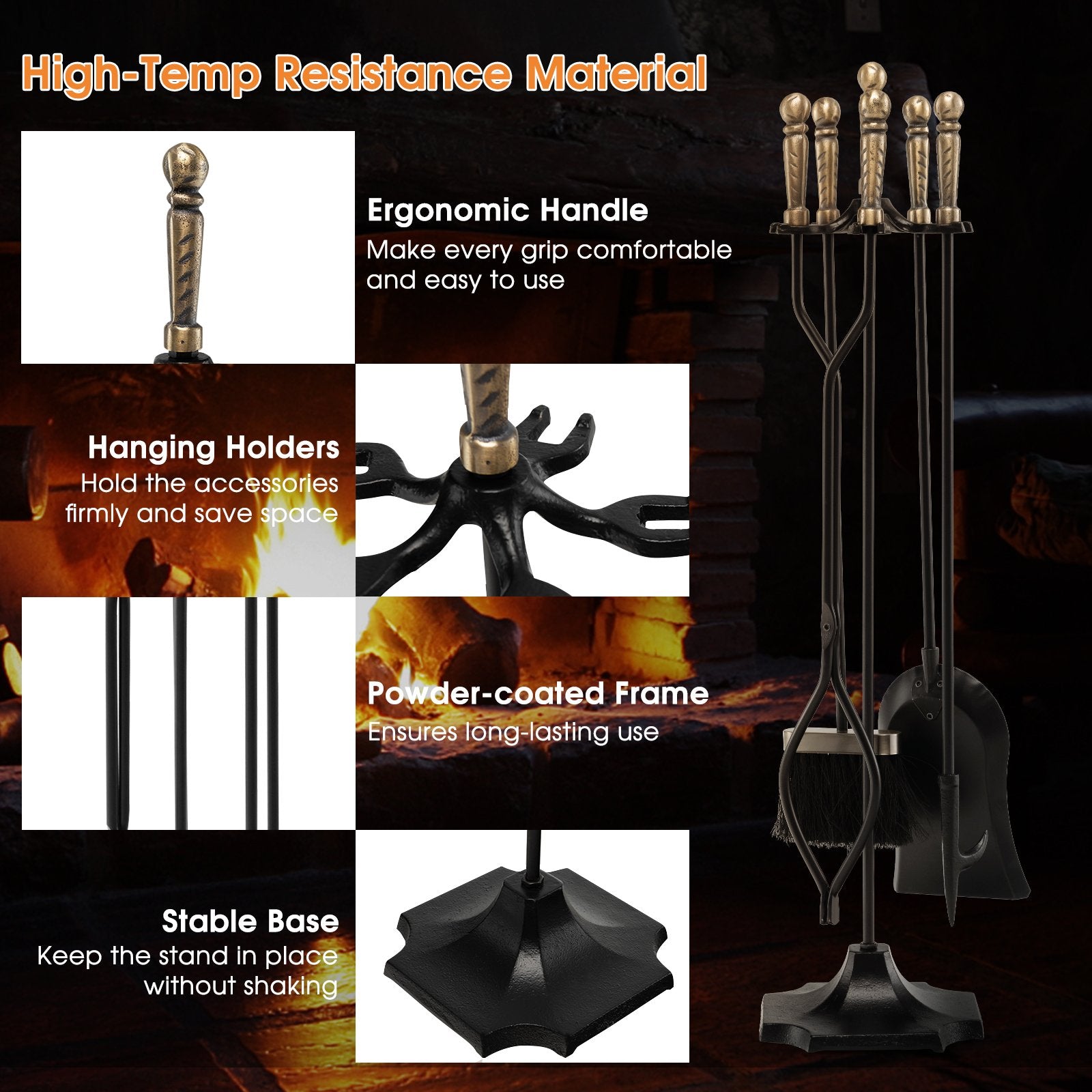 31 inch 5 Pieces Metal Fireplace Tool Set with Stand, Bronze Fireplace Tools   at Gallery Canada