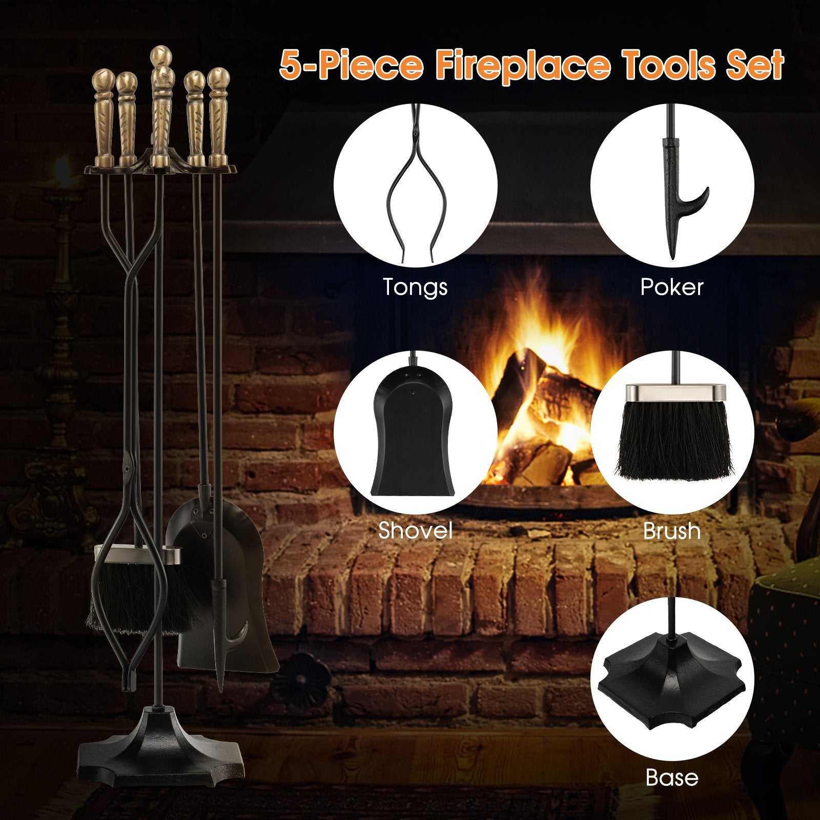 31 inch 5 Pieces Metal Fireplace Tool Set with Stand, Bronze Fireplace Tools   at Gallery Canada