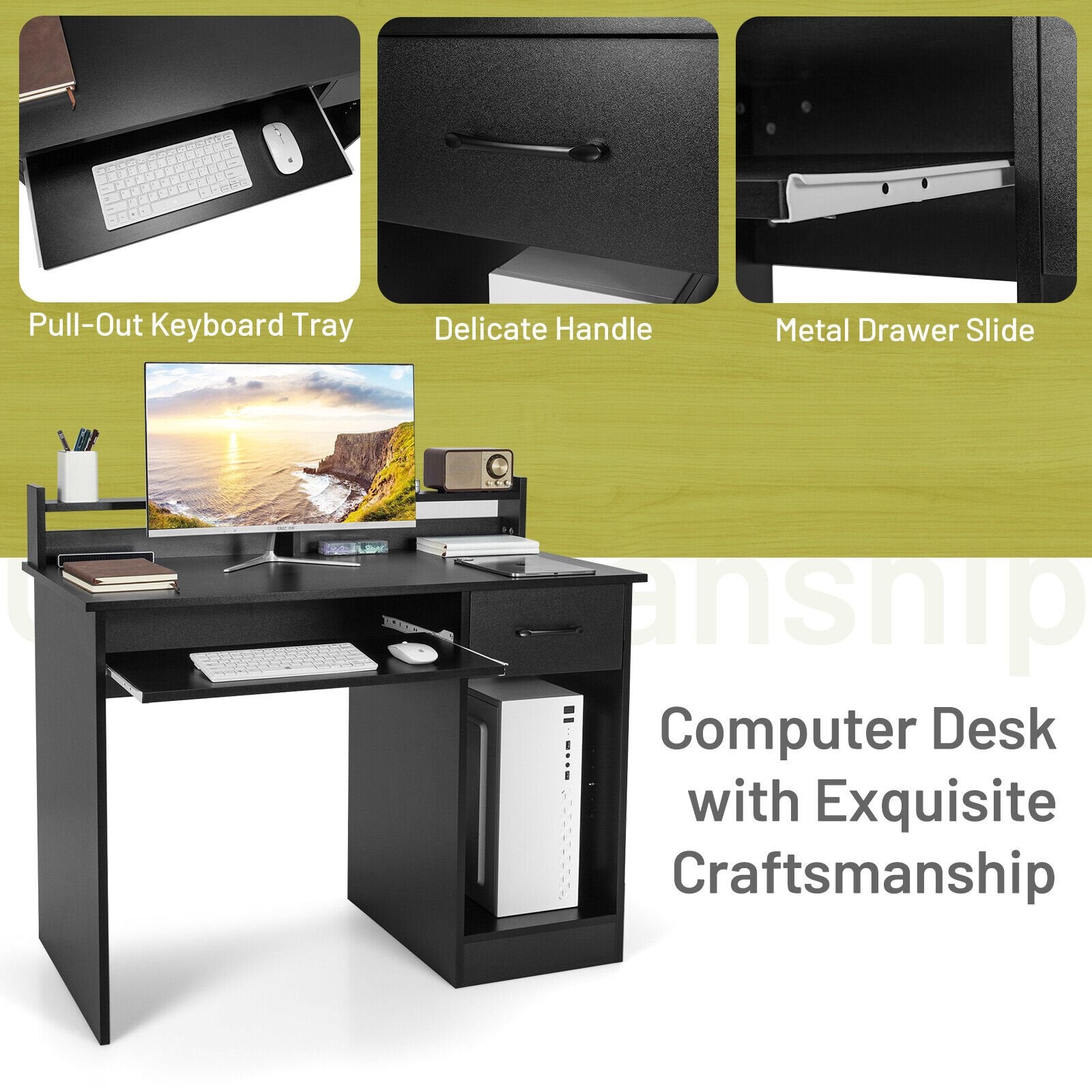 Study Laptop Table with Drawer and Keyboard Tray, Black Computer Desks   at Gallery Canada