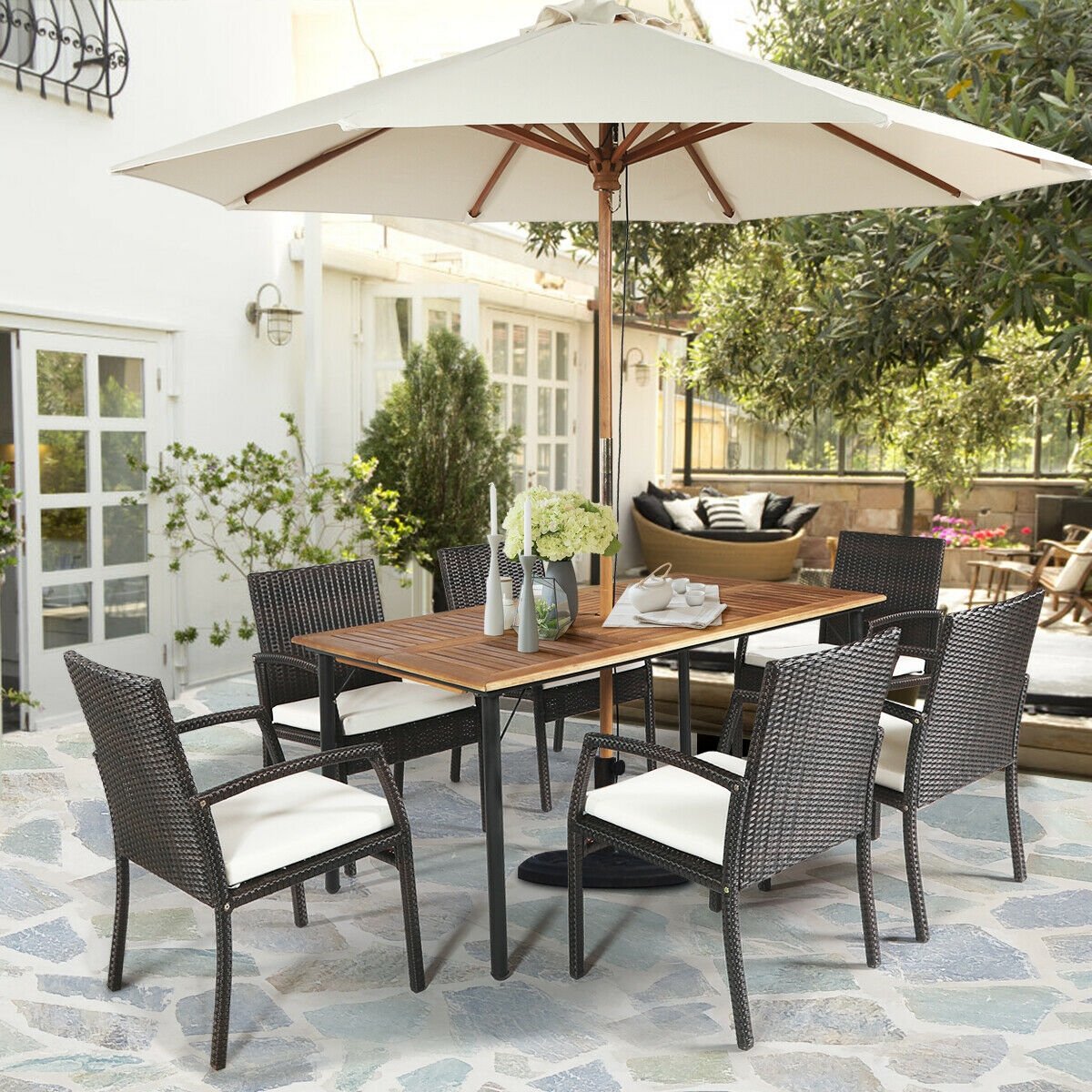 7Pcs Patio Rattan Cushioned Dining Set with Umbrella Hole-Warm White, White Patio Dining Sets   at Gallery Canada