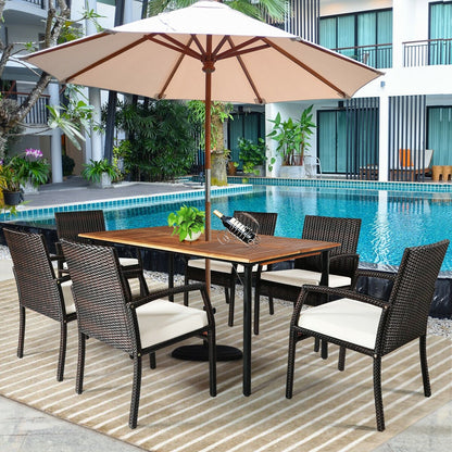 7Pcs Patio Rattan Cushioned Dining Set with Umbrella Hole-Warm White, White Patio Dining Sets   at Gallery Canada