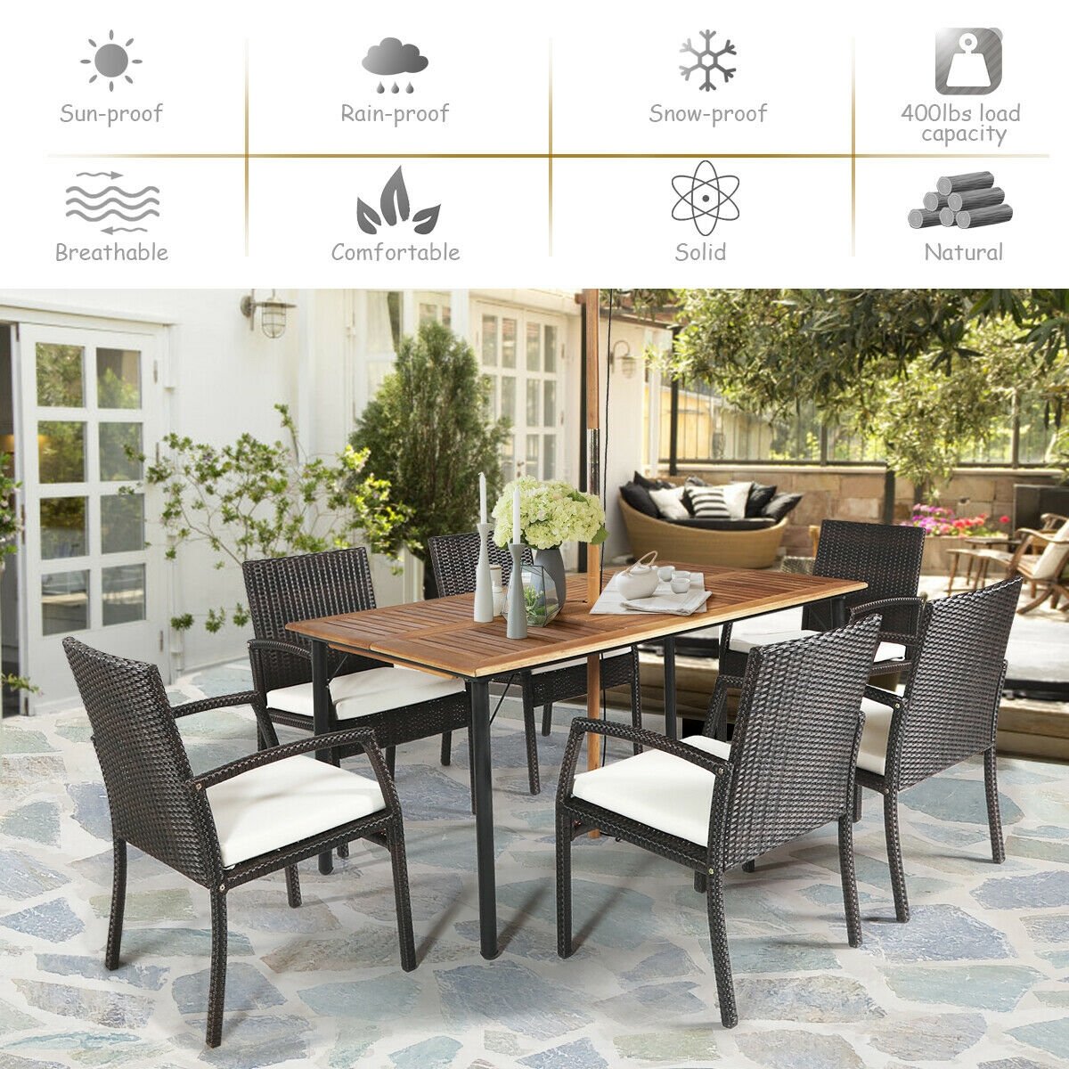 7Pcs Patio Rattan Cushioned Dining Set with Umbrella Hole-Warm White, White Patio Dining Sets   at Gallery Canada