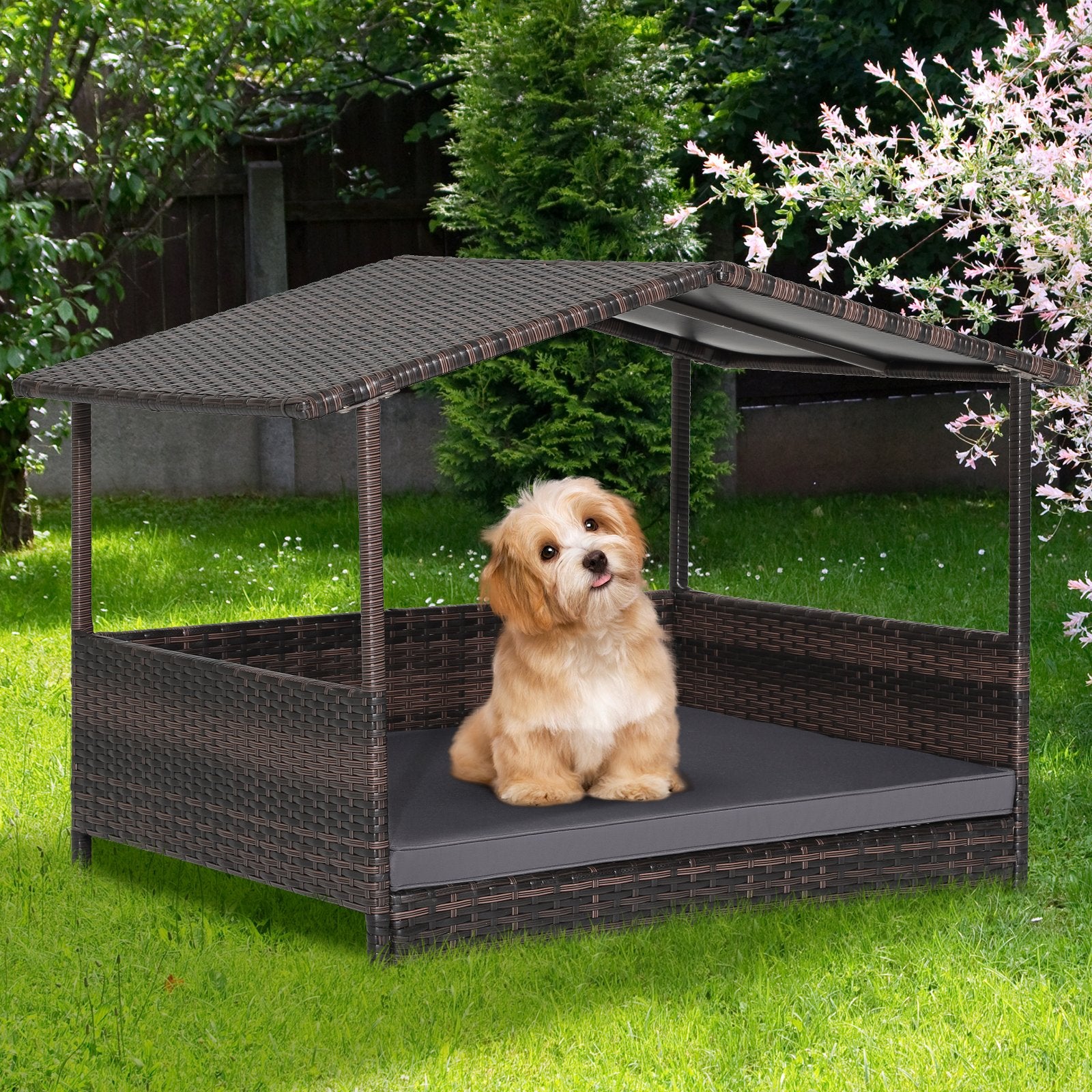 Outdoor Wicker Dog House with Weatherproof Roof-, Gray Dog Kennels   at Gallery Canada