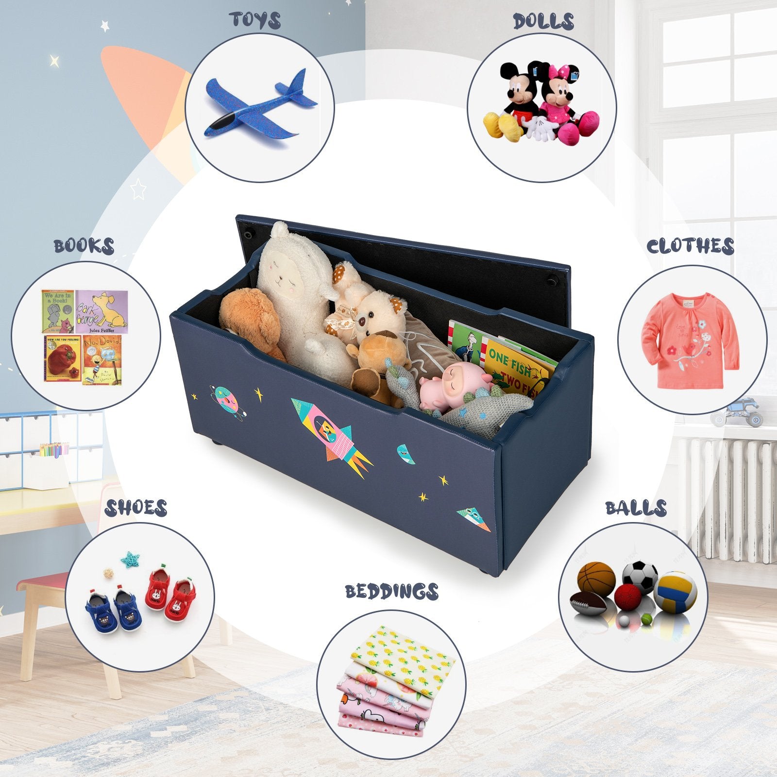 Kids Wooden Upholstered Toy Storage Box with Removable Lid, Navy Kids Storage   at Gallery Canada