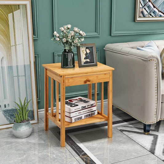 Multipurpose Bamboo End Table Nightstand with Drawer and Storage Shelf, Natural - Gallery Canada